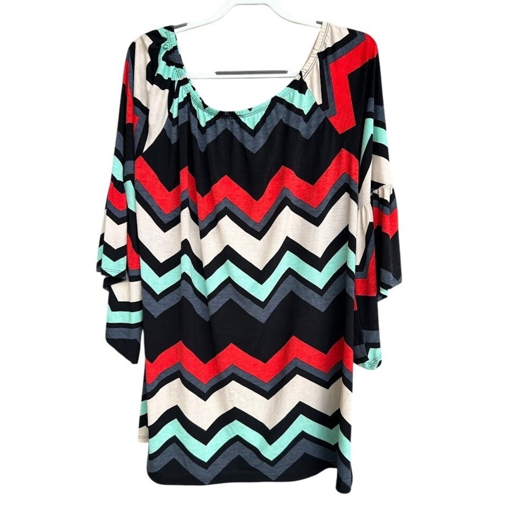 Womens Chevron Zigzag Print Bell Sleeve Scoop Neck Tunic Top Black Red Teal 3X